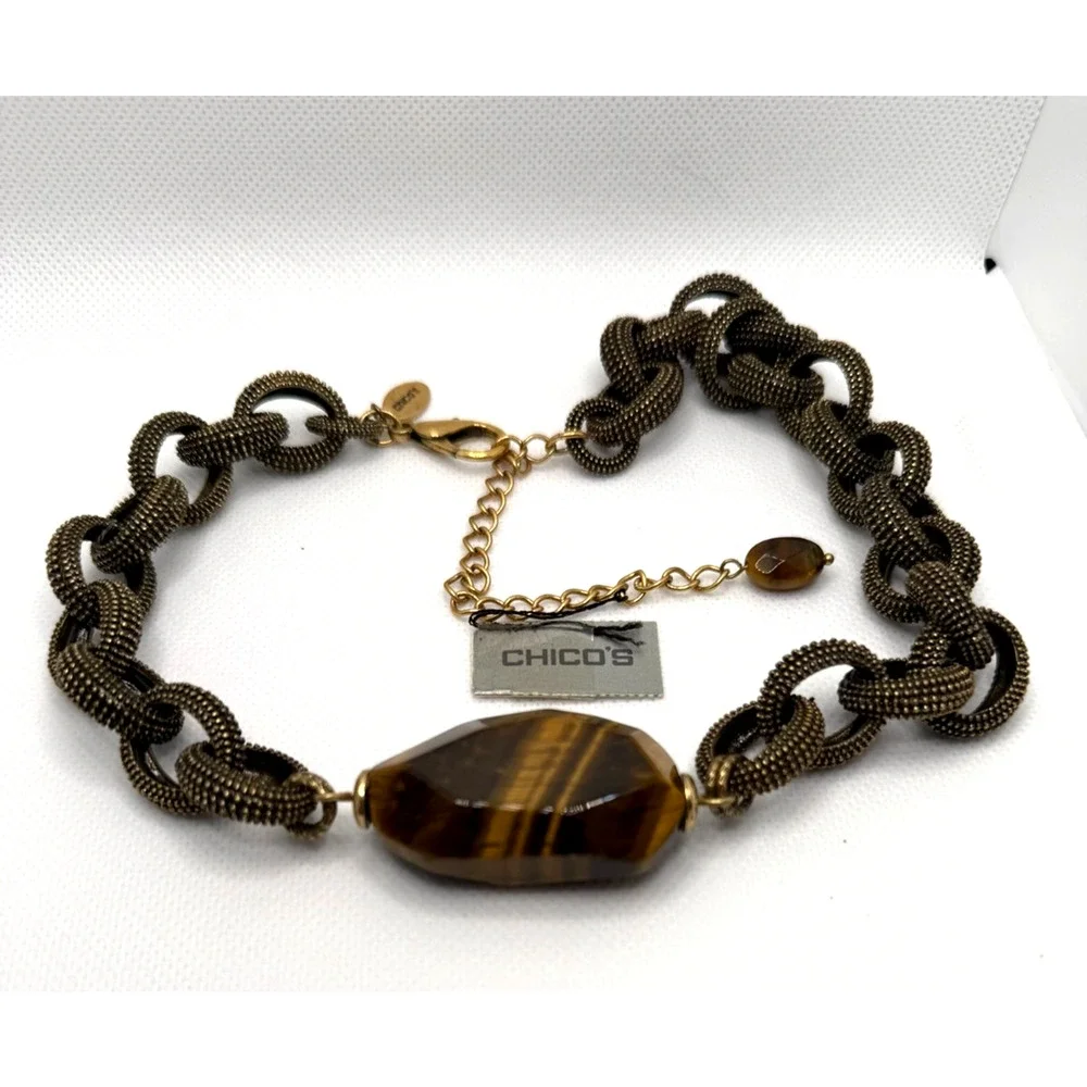 Chicos New Old Stock Gold Chunky Textured Link Chain Tiger Eye Pendant Necklace